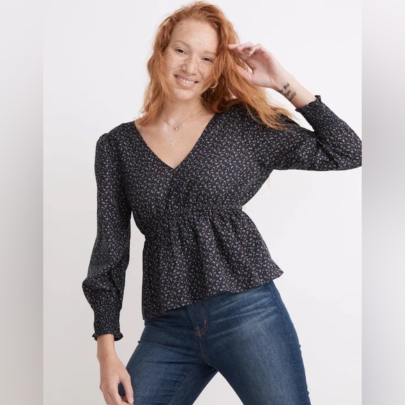 Madewell Tops - NWT Madewell Tie-Back Peplum Top in Campden Daisies - Medium - Deep Indigo Blue